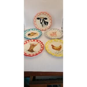 The Pioneer Woman Gingham Farm Animals Cowboy Cow Chik Appetizer Plates Set of 5